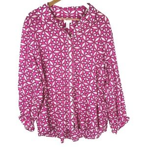 Chico's Women LongSleeve Button Shirt XXL Pink Cotton Lightweight Barbiecore